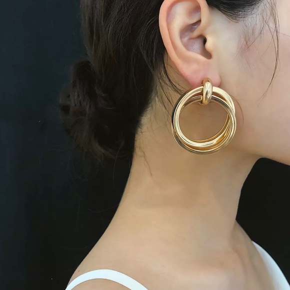 Gold Double Circle Drop Earrings - Picture 2 of 7